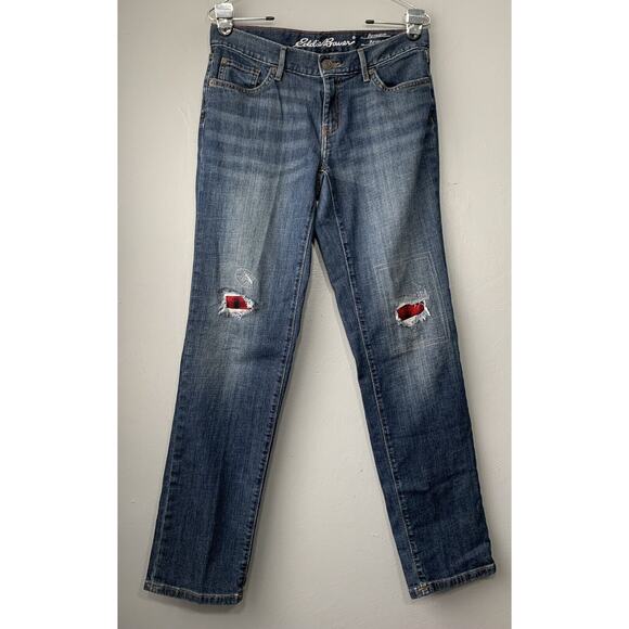 Eddie Bauer Blue Jeans Size 4 Relaxed Boyfriend Denim Distressed Plaid Grunge - Picture 1 of 8